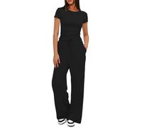 KOEMCY Ensemble Femmes Élégant Deux Pièces Été Décontracté Slim Fit Short Sleeve Top et Cordon Pantalon avec Poches Survêtement Suit Loungewear Set Casual Outfit (Noir,L)