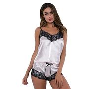 KOEMCY Ensemble Pyjama Femme Bretelles Satin Vêtements de Nuit Sexy Caraco Short Dentelle Tenue Élégante Robe de Nuit Confortable Vêtements Souvetements Femmes Nuisette Pyjama Court