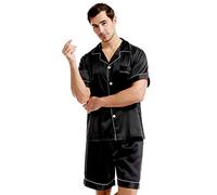KOEMCY Ensembles de Pyjama Couples Manches Court Satin Vêtements de Nuit 2 Pièces Pyjama Sets Haut Shorts Nuisette Lingerie Chemises Pantalons Soie Nightdress Hommes Femmes (Noir-2,XXL)