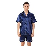 KOEMCY Ensembles de Pyjama Couples Manches Court Satin Vêtements de Nuit 2 Pièces Pyjama Sets Haut Shorts Nuisette Lingerie Chemises Pantalons Soie Nightdress Hommes Femmes (Bleu-2,XL)