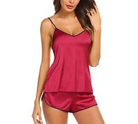 KOEMCY Ensembles de Pyjama Femmes Sexy Profond V Satin Vêtement de Nuit Camisole Shorts Sets Soie Nightdress sans Manches Nuisette Lingerie (Rouge,XL)