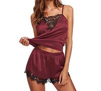 KOEMCY Ensembles de Pyjama pour Femme Ensemble Transparente Bordure en Dentelle Satin Sling Nightdress V Profond Caraco Short Sexy Lingerie Nuisette Set (Rouge,L)
