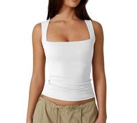 KOEMCY Femme Basique Slim T-Shirt Sexy Tank Tops Encolure Carrée sans Manches Crop Top Lightweight Fitness Sports Yoga Shirt à Manches Courtes (Blanc L)