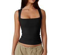 KOEMCY Femme Basique Slim T-Shirt Sexy Tank Tops Encolure Carrée sans Manches Crop Top Lightweight Fitness Sports Yoga Shirt à Manches Courtes (Noir L)