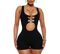 KOEMCY Femme Combinaison Sport Court Sexy Moulant Sans Manches Une Pièce Hollow Out Jumpsuit Sans Combishort Manches Bodysuit Club Sports Ete (Noir, L)
