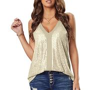 KOEMCY Femme Débardeur à Pailettes Sequin Brillant Top Sexy Col en V Tank Tops Camisole Top Haut Court Casual lâche Chemises sans Manches (Abricot,XL)