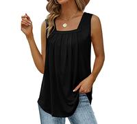 KOEMCY Femme Débardeur T-Shirt sans Manche Col Carré Camisole Top Gilets Tank Tops Casual Lâche Haut Couleur Unie Plissé Décontracté Tops Été (Noir,M)