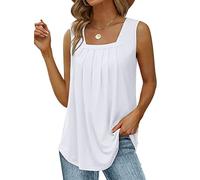 KOEMCY Femme Débardeur T-Shirt sans Manche Col Carré Camisole Top Gilets Tank Tops Casual Lâche Haut Couleur Unie Plissé Décontracté Tops Été (Blanc,L)