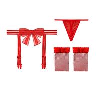 KOEMCY Femme Porte Jarretelle Jarretières sans Couture Bowknot Jarretelles Guepiere Ensemble 4 Réglable Jarretelle avec G-String et Bas (Rouge)