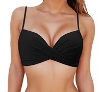 KOEMCY Haut de Bikini Femme Noir Bretelles Ajustables Design en V Dos Nu Top Bralette avec Soutien Push-Up pour Plage Vacances Maillot de Bain (L)