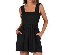 KOEMCY Jumpsuit Femme Été Couleur Unie Encolure Carrée Sans Manches Combinaison à Large Dos Nu Casual Smocked Rompers avec Poches pour Yoga Sport Workout (Noir M)