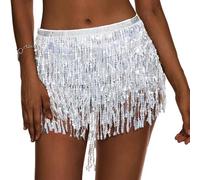 KOEMCY Jupe Paillettes Enveloppées de Franges Jupes de Franges Rave Jupes de Danse du Ventre Hanches Écharpes Costumes de Danse pour Femmes Filles pour Bal Performance (Argent)