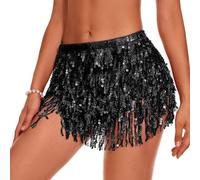 KOEMCY Jupe Paillettes Enveloppées de Franges Jupes de Franges Rave Jupes de Danse du Ventre Hanches Écharpes Costumes de Danse pour Femmes Filles pour Bal Performance (Noir)