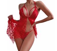 KOEMCY Lingerie Sexy Femme Coquine Hot Babydoll Dentelle Tenue Érotique Nuisette Transparente Ensemble Bodystocking Combinaison Bretelles sous Vetements