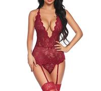 KOEMCY Lingerie Sexy Femme Coquine Hot Body Dentelle Transparent Tenue Érotique Ensemble Nuisette Combinaison sous Vêtements Portejarretelles Bodystocking Résille