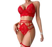 KOEMCY Lingerie Sexy Femme Coquine Hot Ensemble Dentelle Triangle Bralette Portejarretelles Tenue Érotique Bodystocking Nuisette sous Vetements Combinaison avec Chaîne Décorative