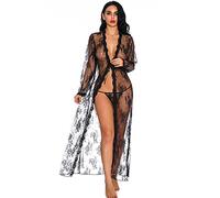 KOEMCY Lingerie Sexy Femme Coquine Hot Robe Longue Dentelle Transparente Tenue Érotique Ensemble Nuisette Déshabillé Manches Longues Combinaison Bodystocking Vêtements de Nuit