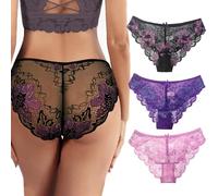 KOEMCY Lot de 3 Culottes Dentelle Femme Shorty Floral Transparent Slip Confortable Sousvêtements Sexy sans Couture Lingerie