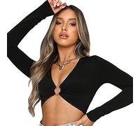 KOEMCY Manche Longue Femmes Chemisier Sexy Crop Top Col V Haut Court Slim Fit Blouse Couleur Unie Long T-Shirt Casual Haut Vêtements (Noir,M)