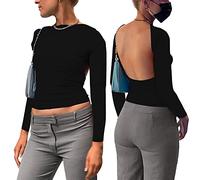 KOEMCY Manche Longue Femmes Sexy Backless Haut T-Shirt Blouse Solid Color Chemisier Slim Fit Crewneck Court Chemisier Casual Y2K Crop Tops (Noir,S)