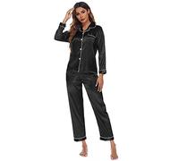 KOEMCY Pyjama Femme Ensemble de Pyjama Satin Vêtements de Nuit à Manches Longues Haut Pantalons 2 Pièces Soie Nightdress Nuisette Lingerie Set (Noir,XL)