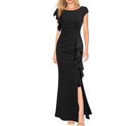 KOEMCY Robe à Manches Courtes Femme Sirène Volantée Robe Ete Longue Fendue Robes Chic Et Elegant Soirée Cocktail Cérémonie Mariage Fête