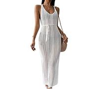 KOEMCY Robe de Plage Femme Cutout Crochet Longue Robe Plage sans Manches Maillot de Bain Cover Up Sexy Beach Bikini Cover Up (Blanc)