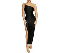 KOEMCY Robe Épaule Dénudée Femme Asymétrique à Bretelle Fine Longue Fendue Moulante Chic Et Élégant Soirée Cocktail Club Sexy Summer Dress