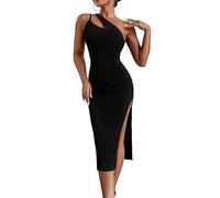 KOEMCY Robe Epaule Denudee Femme Asymétrique à Bretelle Fine Midi Fendue Moulante Chic Et Elegant Cocktail Soirée Club Fête Cérémonie