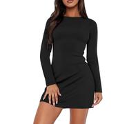 KOEMCY Robe Femme à Manche Longue Col en Rond Sexy Slim Fit Mini Robes Élégante Chic Bodycon Soirée pour Cocktail Club Party (Noir/L)