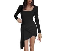 KOEMCY Robe Femme à Manches Longues Bodycon Dress Col Carré Mini Robe Chic Sexy Casual Robe (Noir, M)