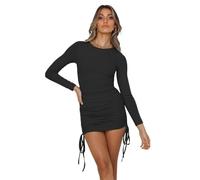 KOEMCY Robe Femme à Manches Longues Col Rond Robe Taille Haute Moulante Tricot Côtelé Casual Mini Ruched Robe (Noir,XL)