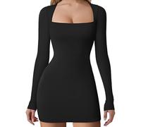 KOEMCY Robe Femme Bohème Casual Chic et Elegant Longue Manches Robes col en Carrée Couleur Unie Mini Longue de Soirée pour Cocktail Party (Noir/S)