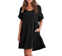 KOEMCY Robe Femme Ete Robe Courte Robe de Plage Col en V Chic et Elegant la Robe d'été Casual Volants Manches avec Poches (Noir,XL)