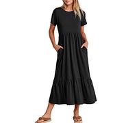 KOEMCY Robe Femme Manches Courtes Col Rond Robe Bodycon Longue Maxi Dress Ample Robes Robe de Plage Eté Casual Robe avec Poches (Noir,XXL)