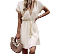 KOEMCY Robe Femme Manches Courtes Robe de Plage Eté Col en V Robe Bodycon Dress Casual Robe (Abricot,S)
