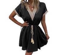 KOEMCY Robe Femme Manches Courtes Robe de Plage Eté Col en V Robe Bodycon Dress Casual Robe (Noir,S)
