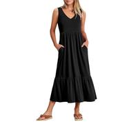 KOEMCY Robe Femme sans Manches Eté Col en V Robe Ample Robes Robe de Plage Eté Casual Robe avec Poches (Noir, L)