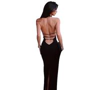 KOEMCY Robe Femme Sexy Dos Nu Bodycon Dress Robe Col Halter Longue Robe Cocktail Elégant Robe de Soirée sans Manches Party (Noir, L)