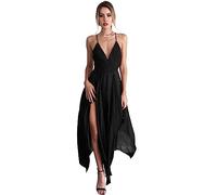 KOEMCY Robe Femme Sexy Dos Nu Spaghetti Sangle Col en V Cocktail Elégant A-Line Fendue Jupe Sans Manches Soirée (Noir, XL)