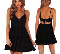 KOEMCY Robe Femme Sexy & Élégante Mini Robe de Soirée Dos Nu à Volants et Rubans Bretelles Spaghetti pour Look Chic (S)