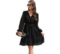 KOEMCY Robe Femmes Automne A-Line Manches Longues Swiss Dot Robe avec Ceinture Robe Col en V Casual Robe Mini Fluide Swing avec Ceinture Plage (Noir,L)