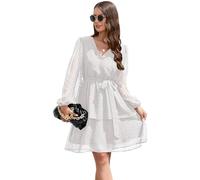 KOEMCY Robe Femmes Automne A-Line Manches Longues Swiss Dot Robe avec Ceinture Robe Col en V Casual Robe Mini Fluide Swing avec Ceinture Plage (Blanc, XL)