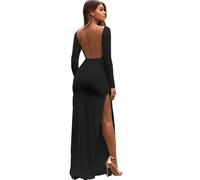 KOEMCY Robe Femmes Automne Hiver Robe Col Rond Longue Manche Sexy Maxi Robe Dos Nu Y2K Robe de Soirée Cocktail Party (Noir,XL)