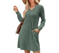 KOEMCY Robe Hiver Femme Tricoté Col en V à Manches Longues Chic Élégant Tunique avec Poches Robes Automne Hiver pour Fête Bureau Décontracté (Vert/S)