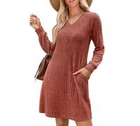 KOEMCY Robe Hiver Femme Tricoté Col en V à Manches Longues Chic Élégant Tunique avec Poches Robes Automne Hiver pour Fête Bureau Décontracté (Chocolat/M)