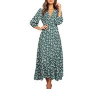 KOEMCY Robe Longues Femmes Manches Longues Floral Maxi Robes Boho Robe Col V à Manches Lanternes Bouton Robe (Vert,S)