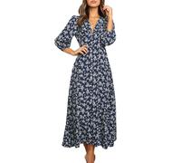 KOEMCY Robe Longues Femmes Manches Longues Floral Maxi Robes Boho Robe Col V à Manches Lanternes Bouton Robe (Bleu,M)