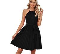 KOEMCY Robe sans Manche Femme Col Halter Plissée Chic Et Elegant Robe de Soirée Cocktail Ceinturée Vetement Soirée Boheme Summer Dress Fluide Chic