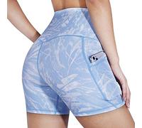 KOEMCY Short Sport Femme Shorts Legging de Sport avec Poches Shorts de Cycliste Contrôle du Ventre Élasticité Taille Haute Collants Shorts Short de Yoga Fitness Gym pour Jogging Running (Bleu, L)